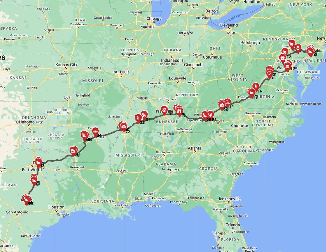 Map for Philadelphia to Austin - East to West Quest